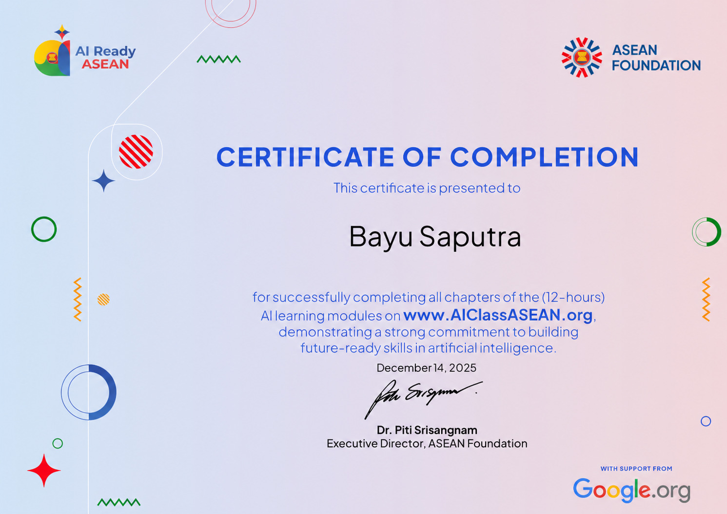 Sertifikat AI Ready ASEAN atas nama Bayu Saputra