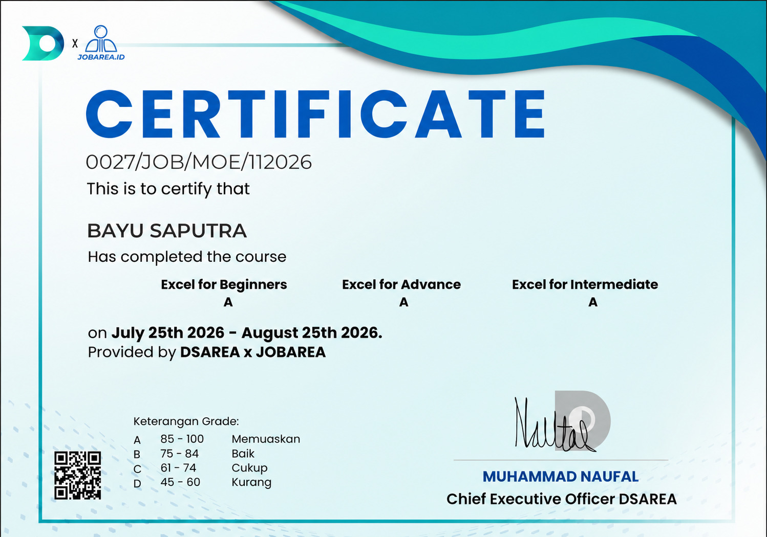 Sertifikat Excel Course - Grade A atas nama Bayu Saputra