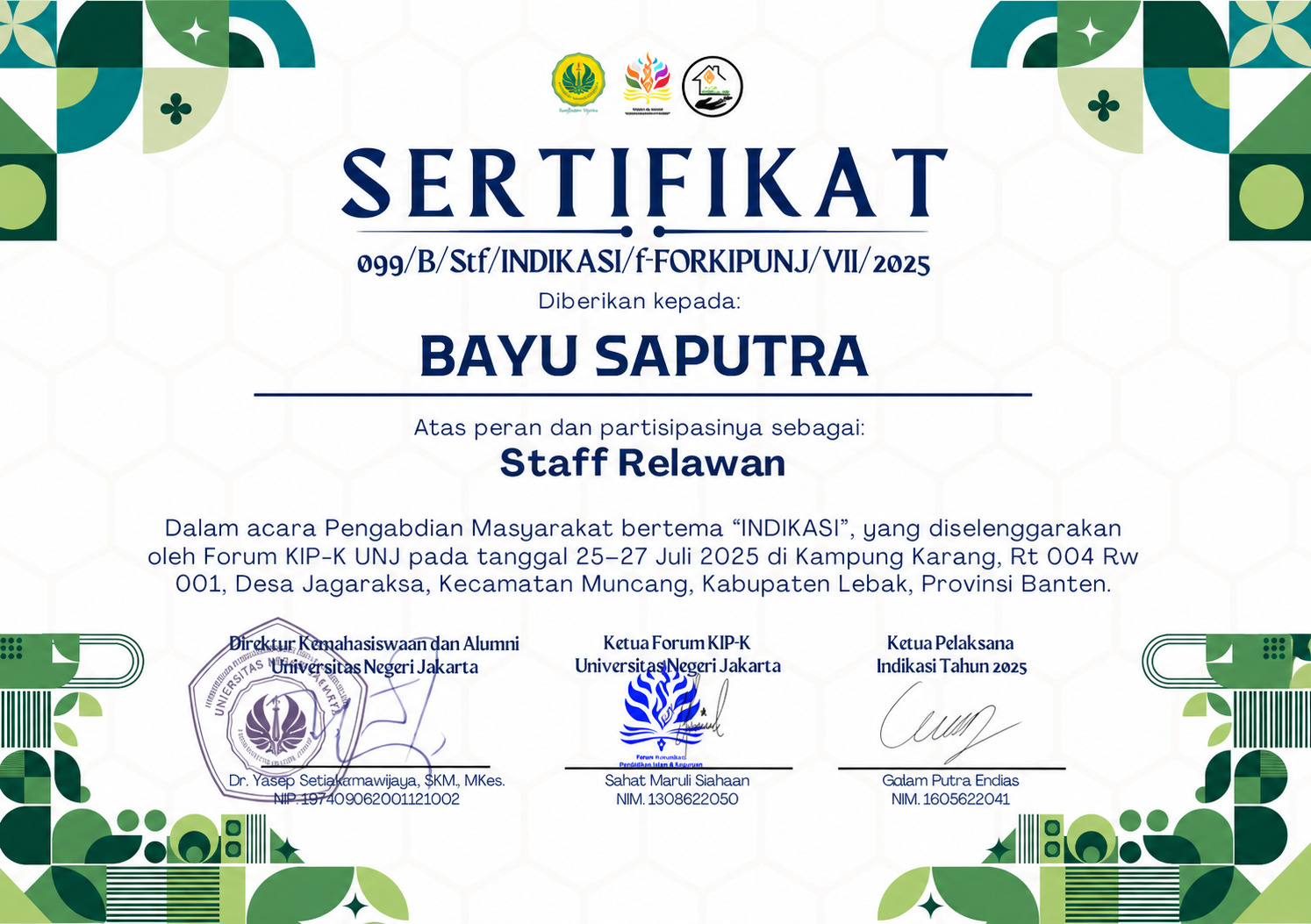 Sertifikat Staff Relawan INDIKASI atas nama Bayu Saputra